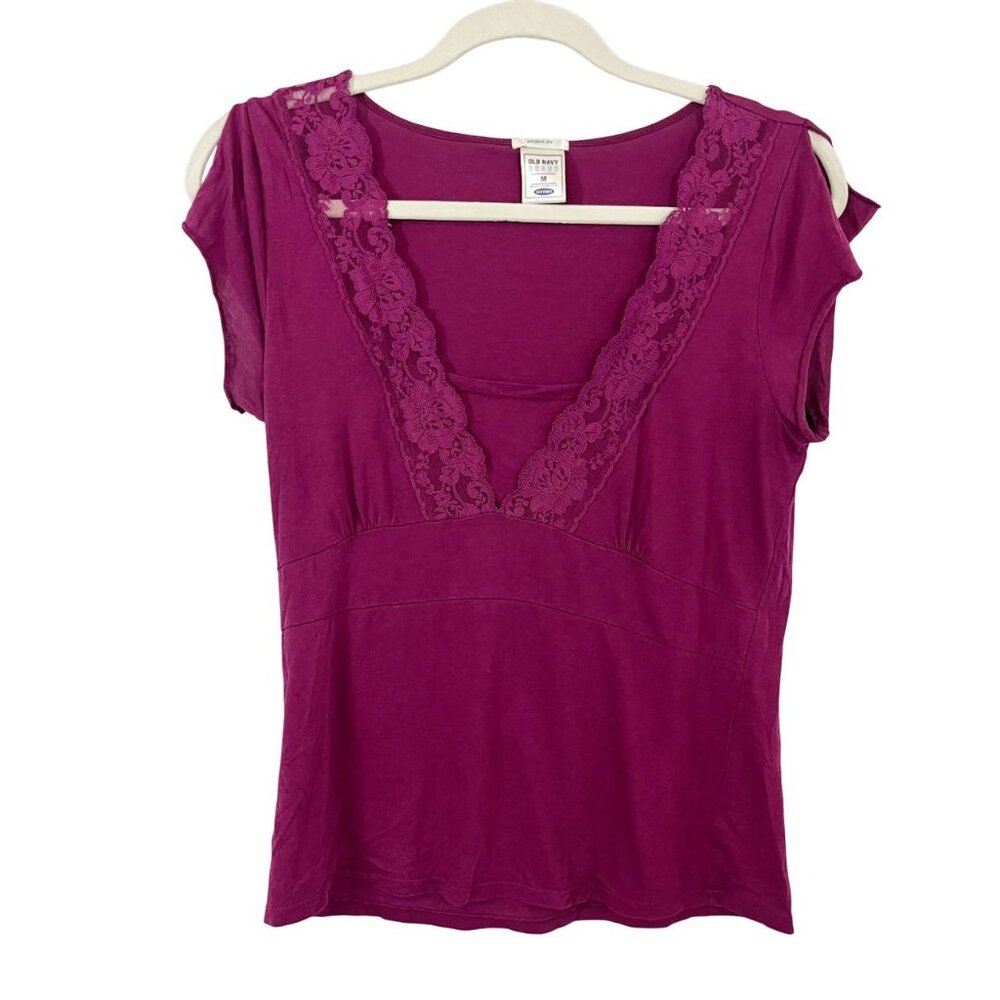 Vintage Y2K‎ Old Navy Berry Purple Lace Trim Babydoll Tee - Size Medium
